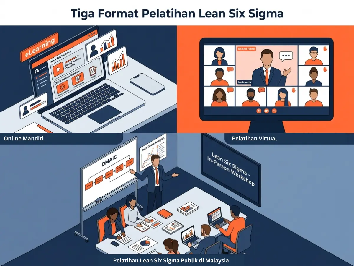 Tiga format pelatihan Lean Six Sigma: online mandiri, kelas virtual langsung, dan publik tatap muka di Malaysia