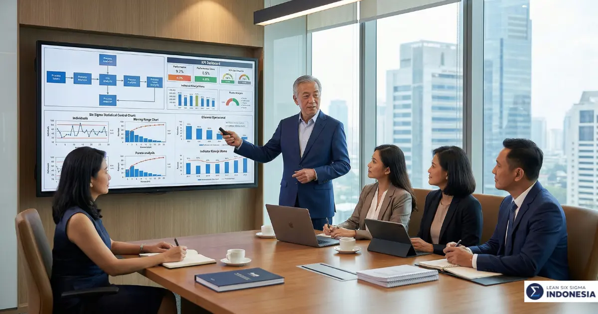 Konsultan Lean Six Sigma senior memberikan strategi perbaikan proses kepada eksekutif perusahaan Indonesia
