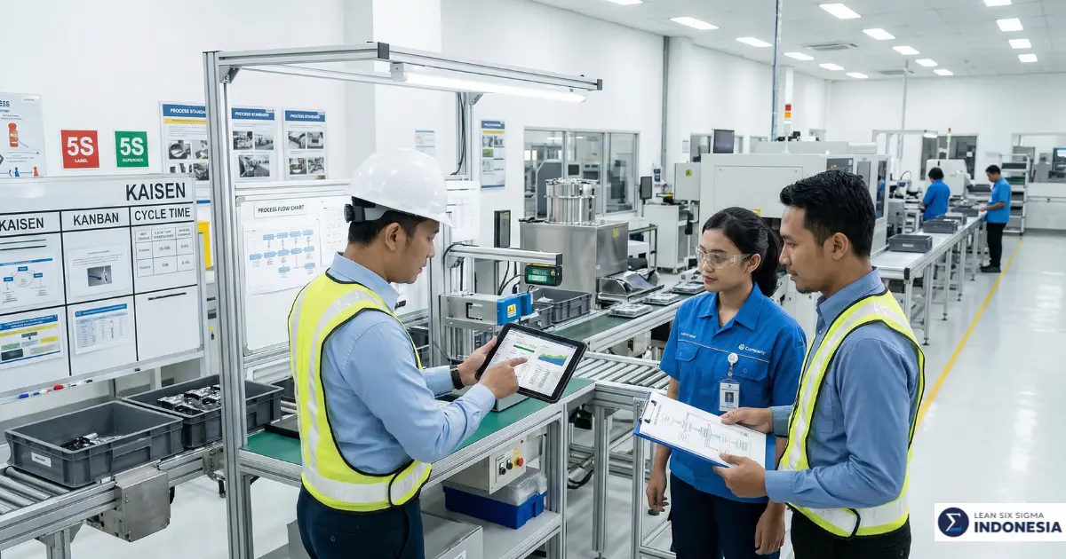 Tim konsultan dan operasional bekerja sama mengimplementasikan Lean Six Sigma di fasilitas manufaktur Indonesia