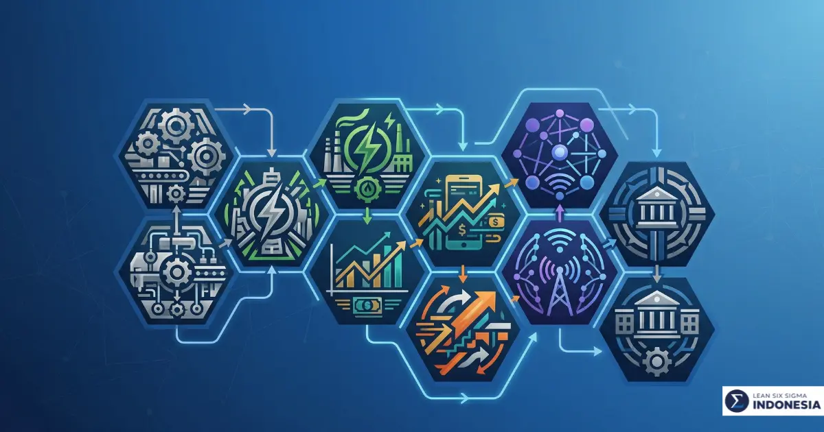 Berbagai sektor industri Indonesia yang kami layani dengan Lean Six Sigma - manufaktur, energi, keuangan, logistik, telekomunikasi, BUMN