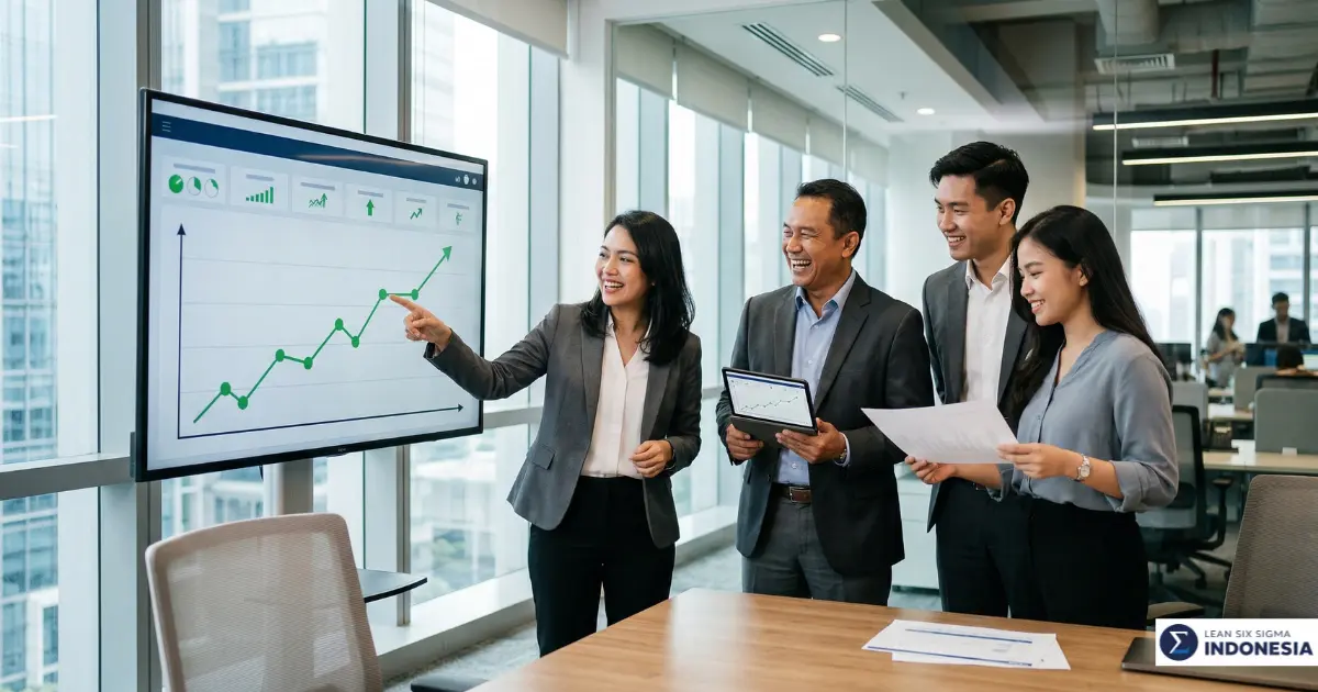 Visualisasi hasil dan pencapaian terukur dari proyek Lean Six Sigma untuk klien Indonesia