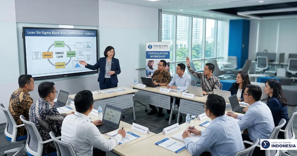 Pelatihan sertifikasi Lean Six Sigma untuk profesional bisnis Indonesia di ruang kelas modern Jakarta